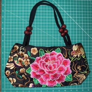 Floral Embroidered Black Handbag